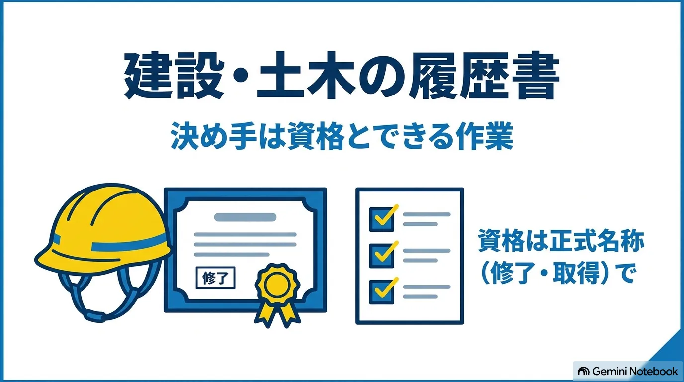 ヘルメットと技能講習の修了証、チェックリストを並べ、資格は正式名称（修了・取得）で書くと示した図