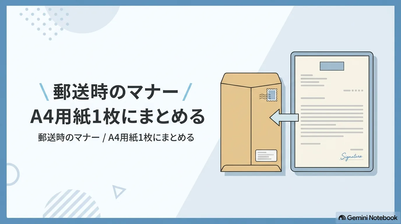 封筒と送付状のイラスト。「郵送時のマナー／A4用紙1枚にまとめる」