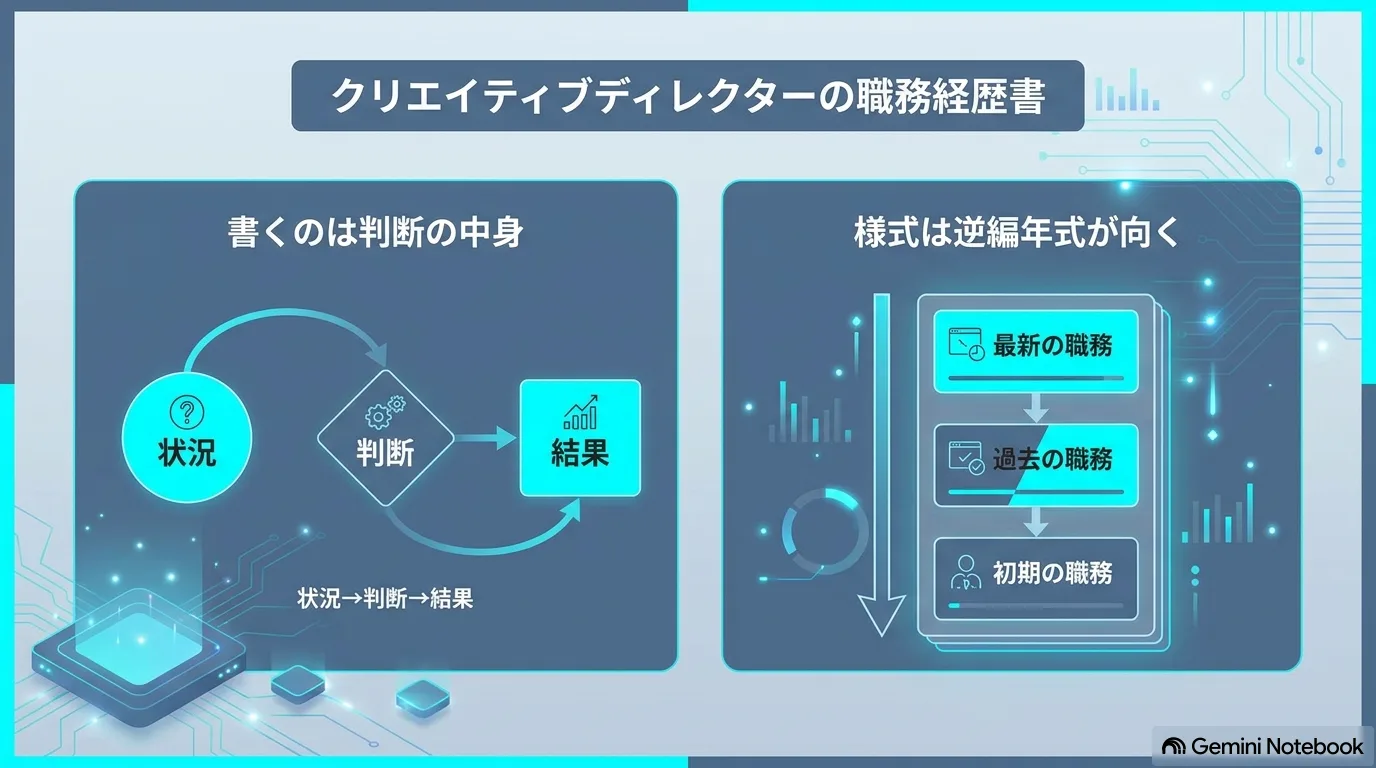 状況から判断、結果へつながる流れと、新しい職務から並べる逆編年式の構成を並べた図