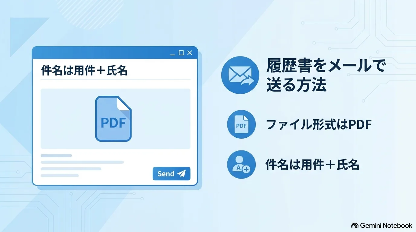 メールの作成画面にPDFを添付した図。ファイル形式はPDF、件名は用件と氏名で作ることを示している