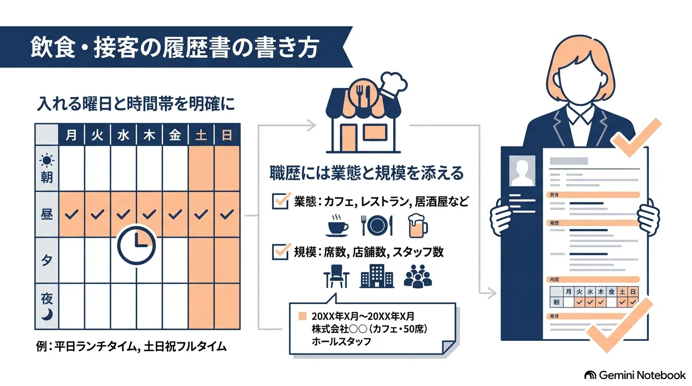 曜日と時間帯の表に勤務できる枠を塗り、職歴に業態と規模を添えた記入例を並べた図