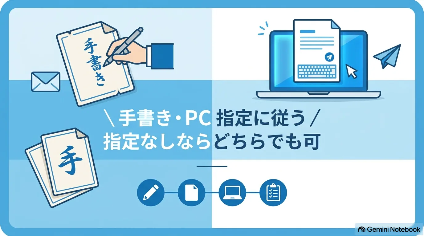 手書きの履歴書とノートパソコンに表示した履歴書を並べたイラスト。「手書き・PC 指定に従う／指定なしならどちらでも可」