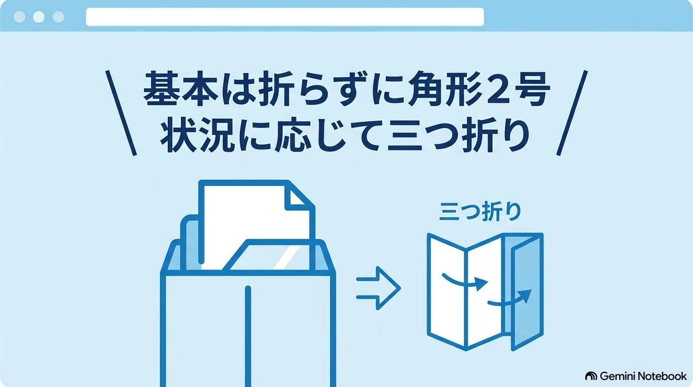 書類を折らずに封筒へ入れる図と、三つ折りの図。「基本は折らずに角形2号／状況に応じて三つ折り」