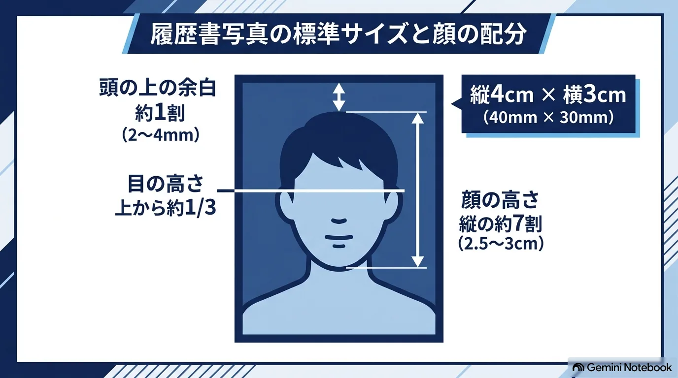 証明写真の枠に顔のシルエットを置き、縦4cm×横3cm・頭の上の余白・目の高さ（上から約1/3）・顔の高さ（縦の約7割）を示した図