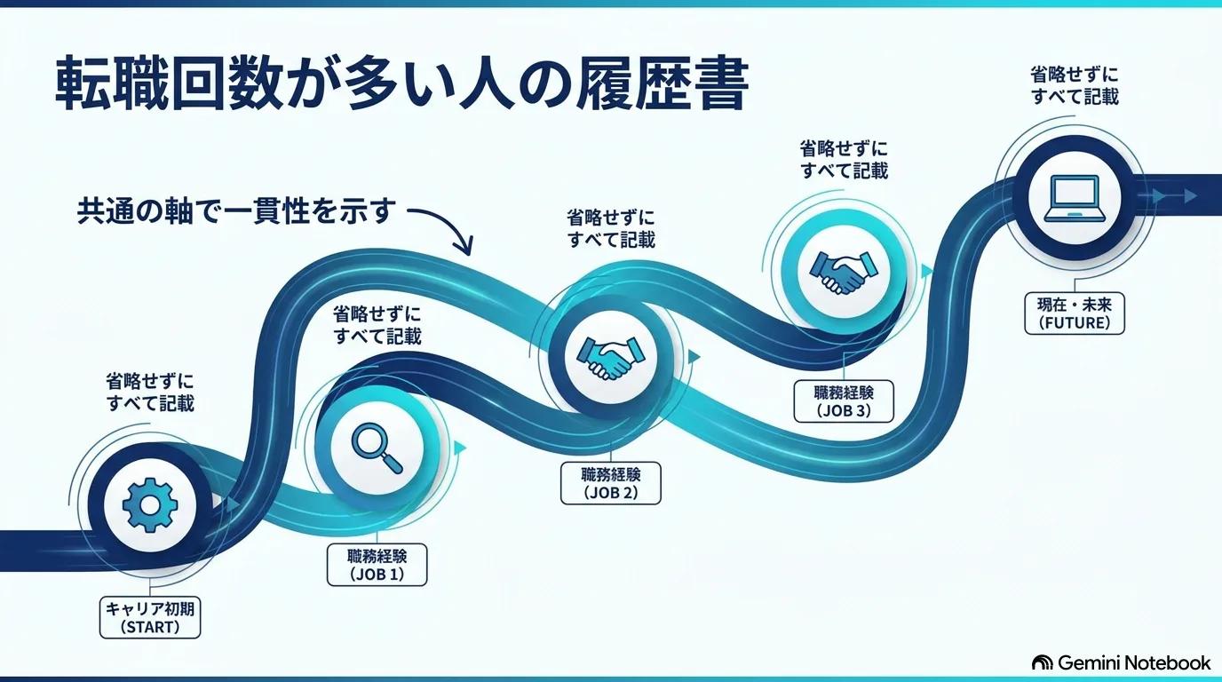 複数の職務経験を曲線でつないだ図。どの職歴も省略せずに記載し、共通の軸で一貫性を示すことを添えている