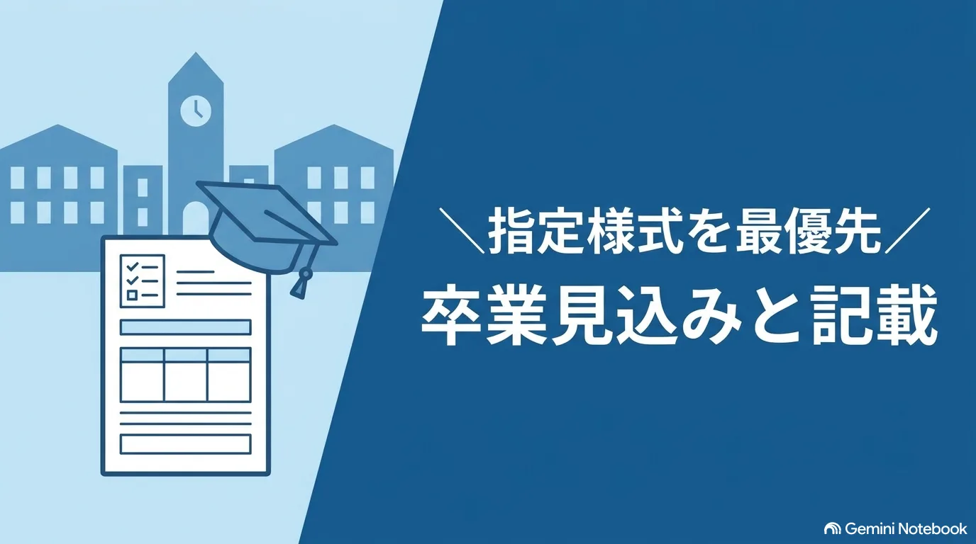 校舎を背景に、卒業帽を載せた履歴書のイラスト。「指定様式を最優先/卒業見込みと記載」