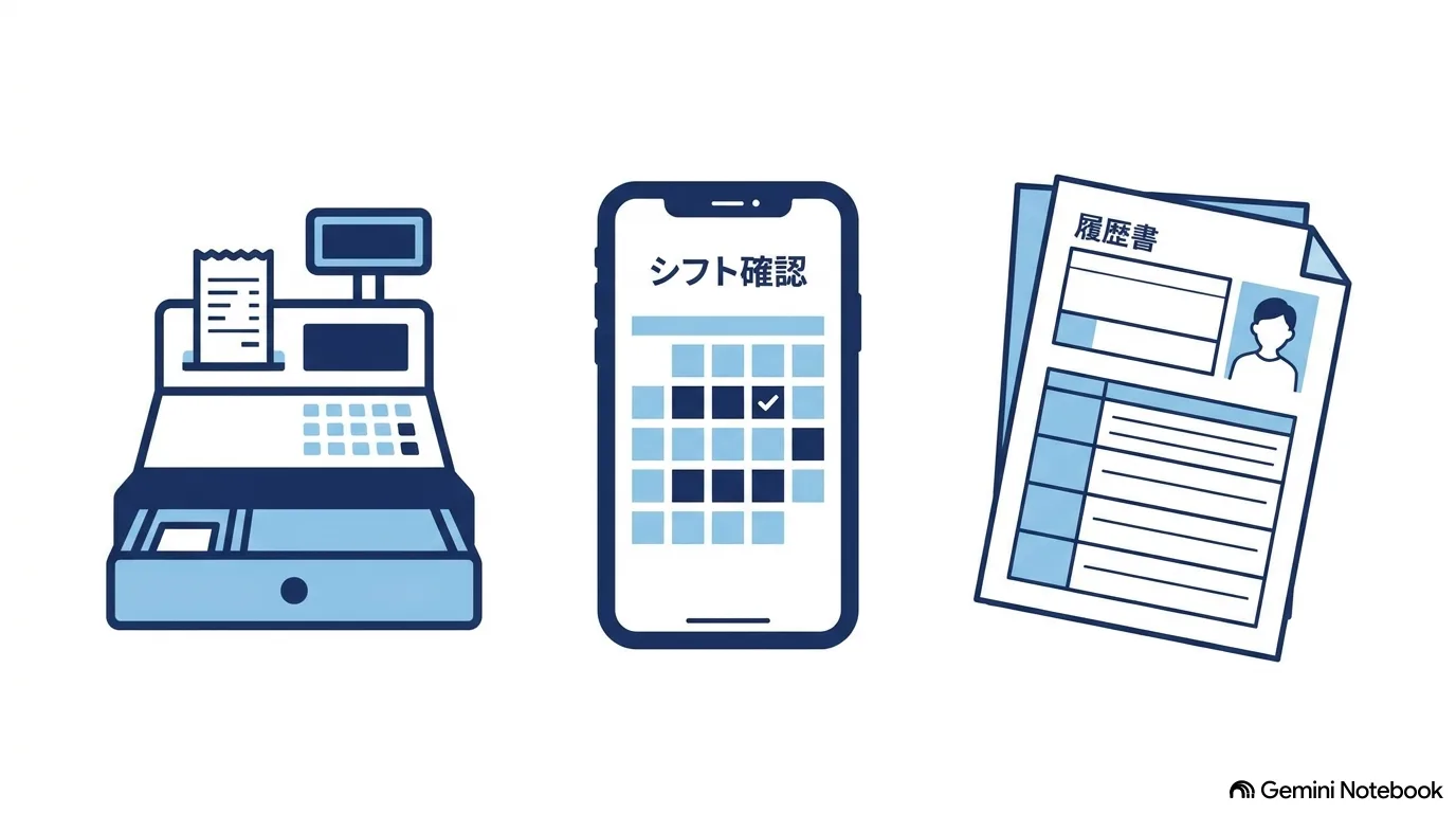 レジスター、シフトを確認するスマートフォン、履歴書のイラスト