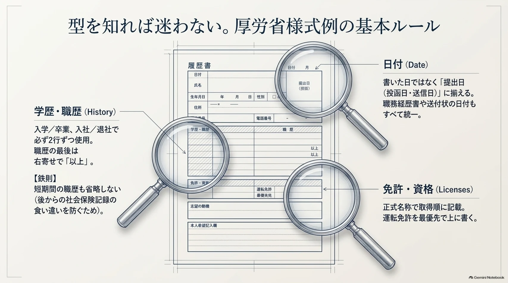 図解:厚生労働省の様式例の基本ルール。日付は提出日にそろえる、学歴・職歴は入学と卒業・入社と退社で2行ずつ使い最後に右寄せで「以上」、免許・資格は正式名称で取得順に書き運転免許を先頭にする