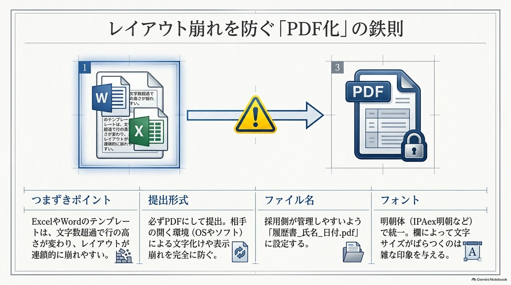 図解:レイアウト崩れを防ぐ「PDF化」の鉄則。提出はPDFにし、ファイル名は「履歴書_氏名_日付.pdf」、フォントは明朝体で統一する