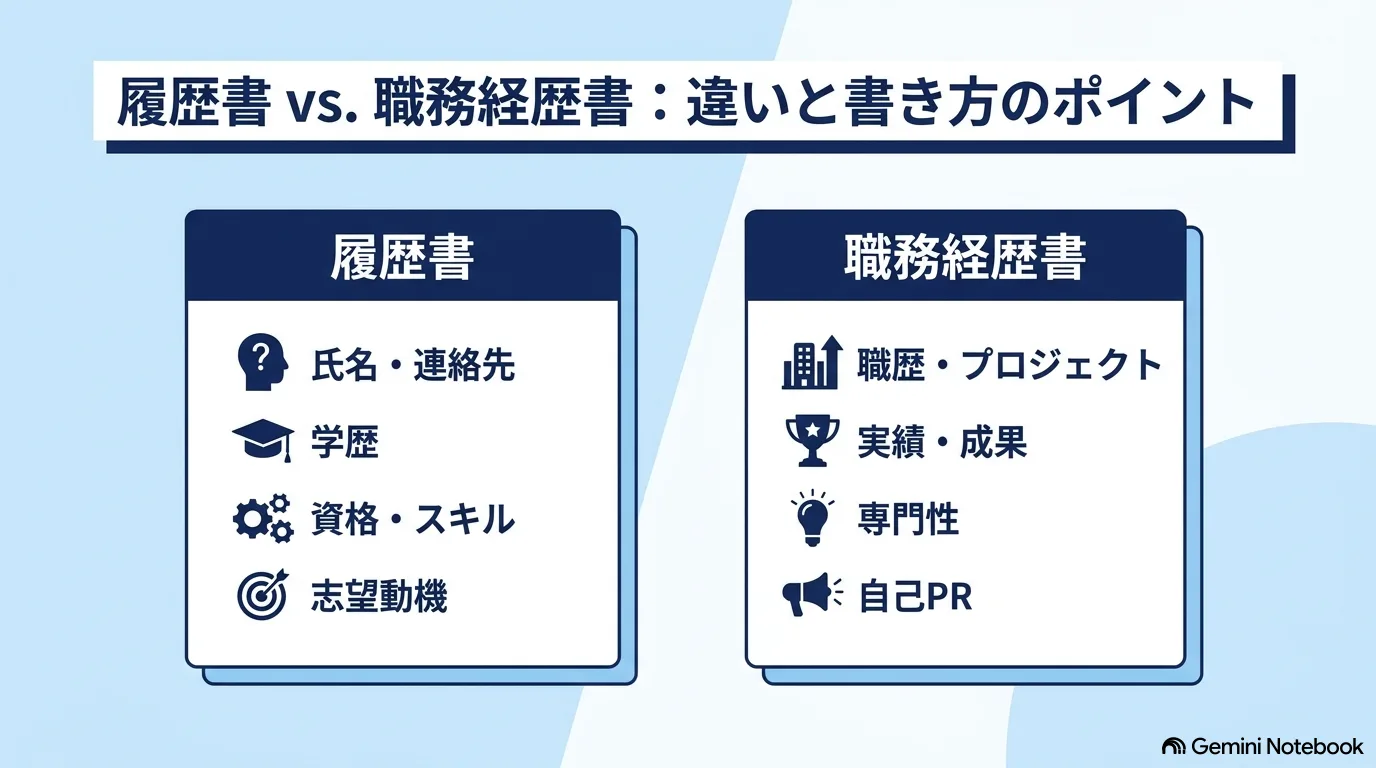 履歴書と職務経歴書に書く項目を左右に並べて比べたイラスト
