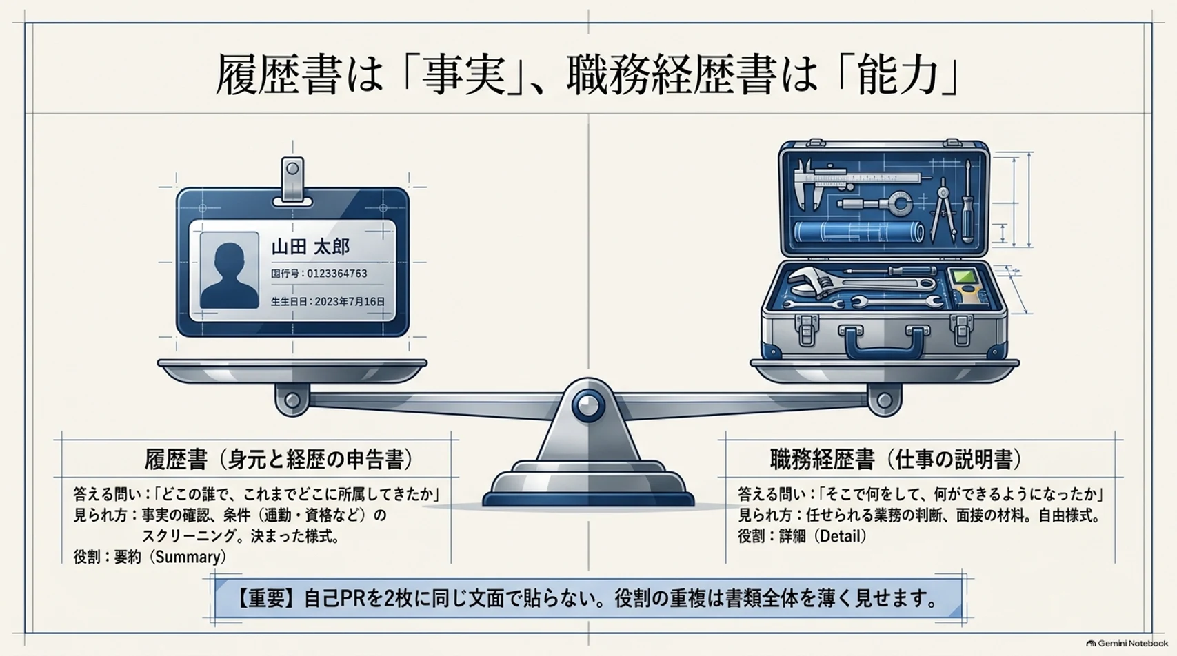 図解:履歴書は「事実」、職務経歴書は「能力」。履歴書は身元と経歴の申告書で要約、職務経歴書は仕事の説明書で詳細。自己PRを2枚に同じ文面で貼らない