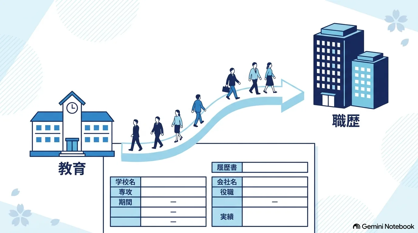 学校から会社へ続く道を人が歩いていくイラストと、学歴・職歴の表