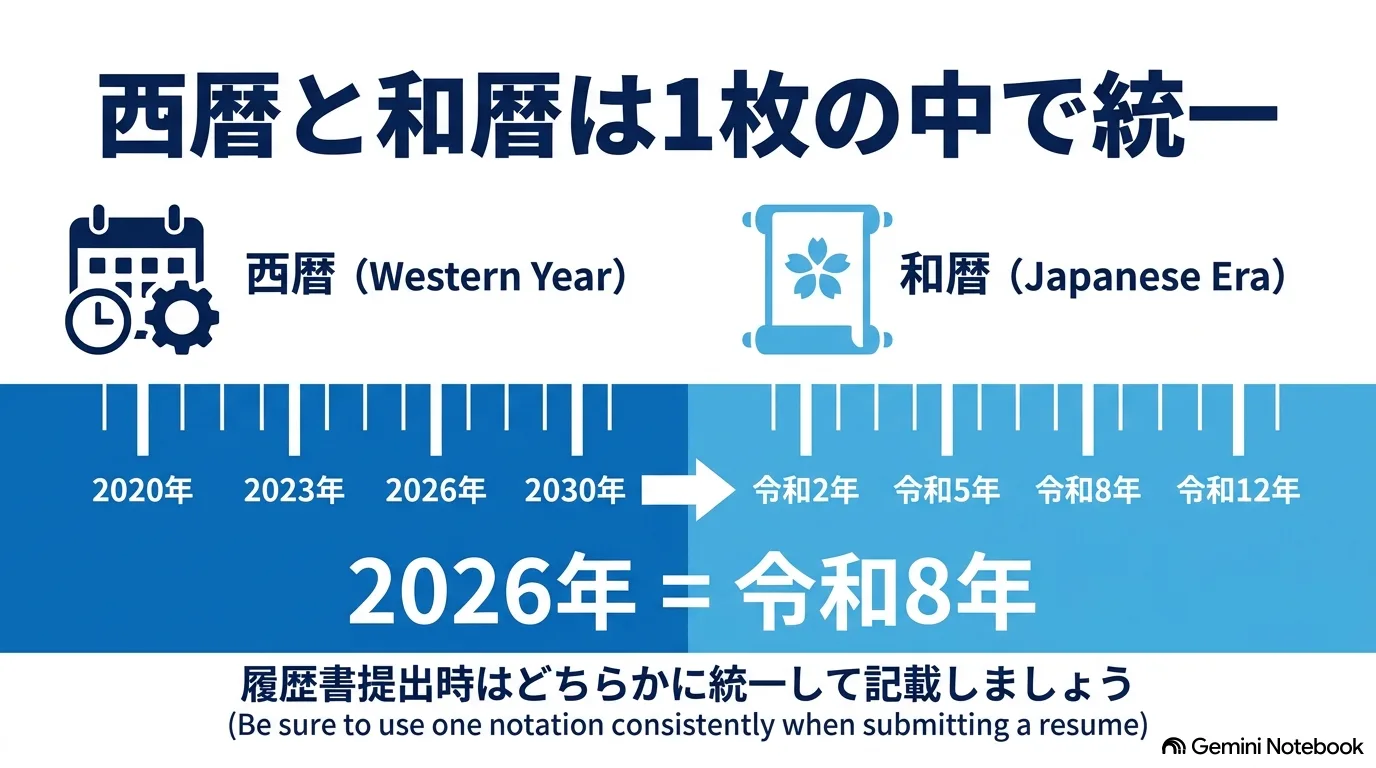 西暦と和暦の対応を示す年表のイラスト。「西暦と和暦は1枚の中で統一」「2026年=令和8年」